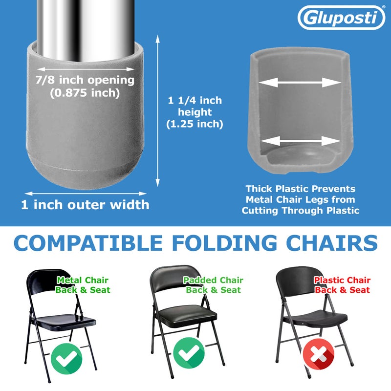 Gluposti Folding Chair Leg Caps Gray 7/8 Inch (12 Pack) - Heavy Duty Nylon Chair End Caps, Non-Marring Round Hardwood Floor Protectors, Compatible Replacement Plugs for Metal and Padded Folding Chairs Tips - Image 3